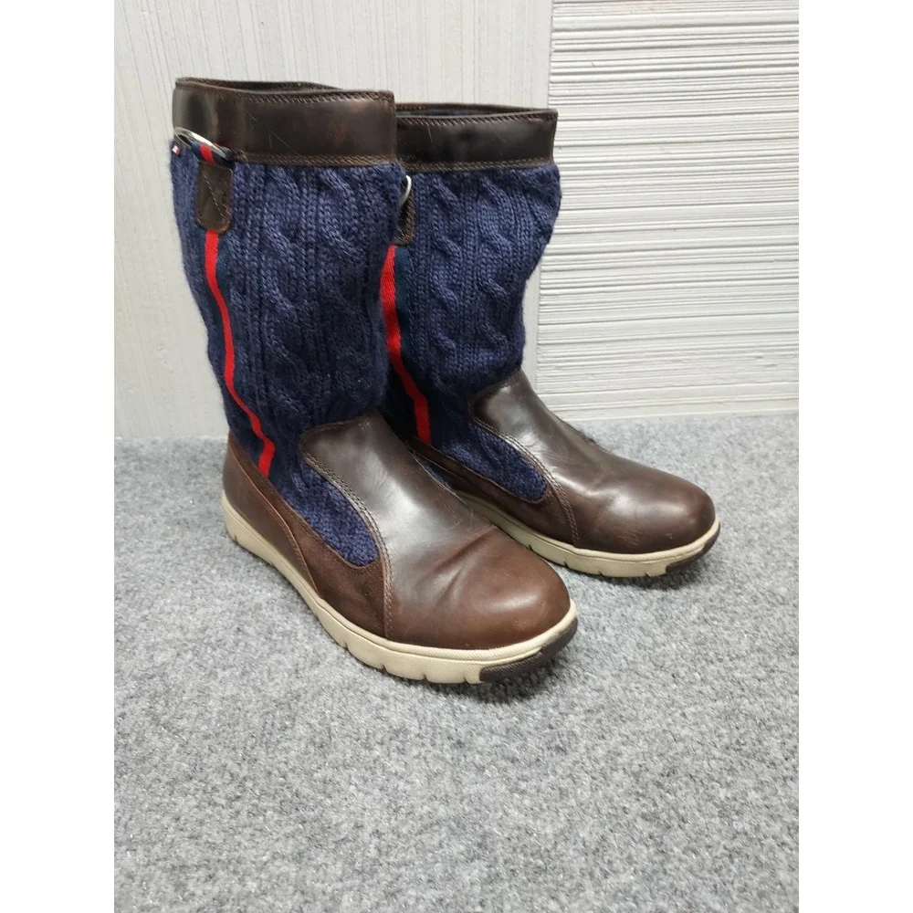 Tommy Hilfiger Men Sweater Boots 8.5M Navy Cable Knit Brown Leather Trim Outdoor